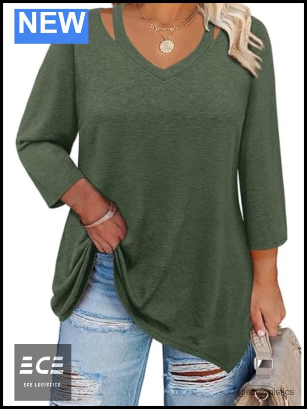 Plus Size Tunic Top Cold Shoulder V Neck 3/4 Sleeve Handkerchief Hem